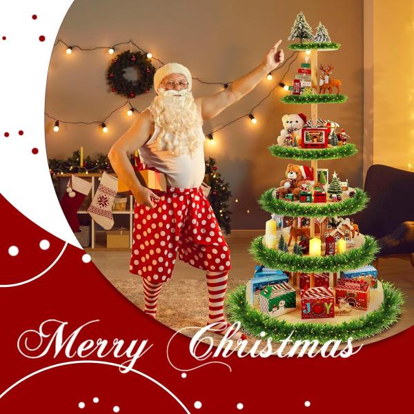 6 Tier 72 Inch Christmas Tree Village Stand Christmas Bookshelf Display Supply Large Xmas Ornament Displays Tree Stands Xmas Wooden Display Trees Stand for Holiday Displays(Circle)