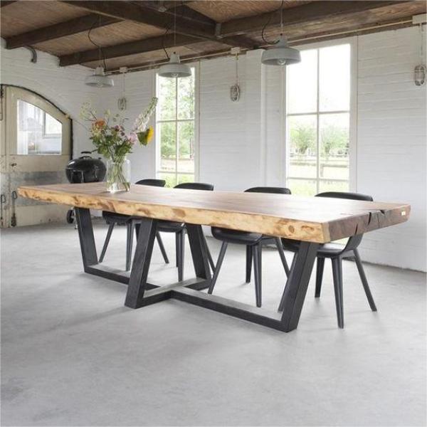 Fashion Industrial Live Walnut Natural Round Large Shape Rustic Top Edge Wood Coffee Dining Table Set