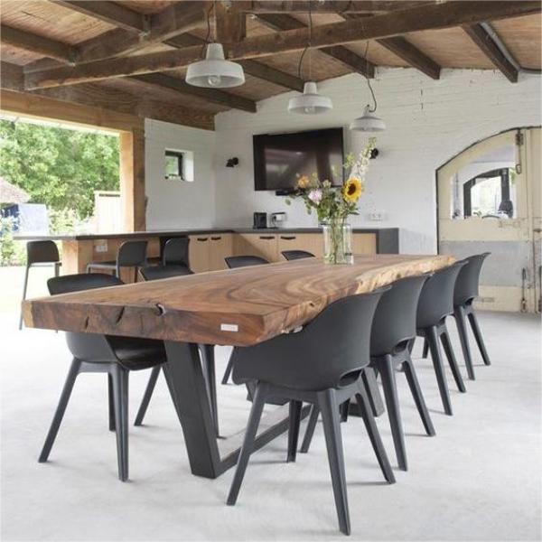 Fashion Industrial Live Walnut Natural Round Large Shape Rustic Top Edge Wood Coffee Dining Table Set