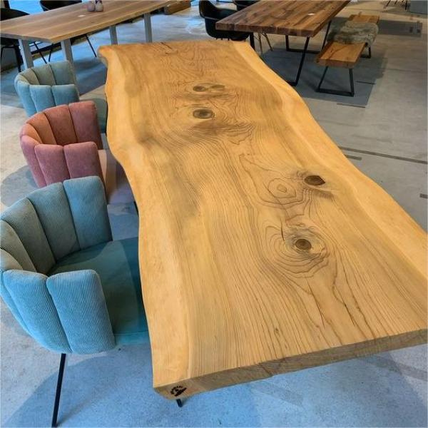 Fashion Industrial Live Walnut Natural Round Large Shape Rustic Top Edge Wood Coffee Dining Table Set
